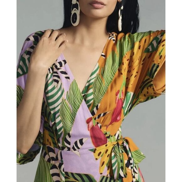 FARM RIO Mixed Striped Bananas Maxi Wrap Dress, Size XS - Picture 4 of 14